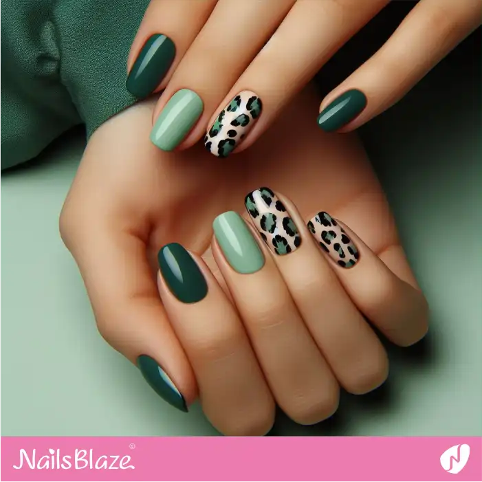 Glossy Green Nails with Leopard Print Accents | Animal Print Nails - NB2607